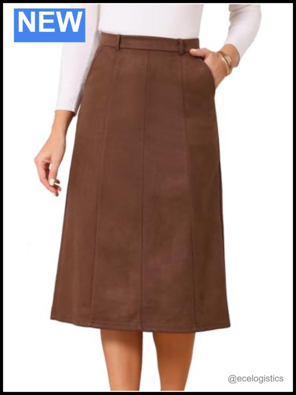 Women's Faux Suede High Waist A-Line Midi Skirt with Pockets Fall Winter